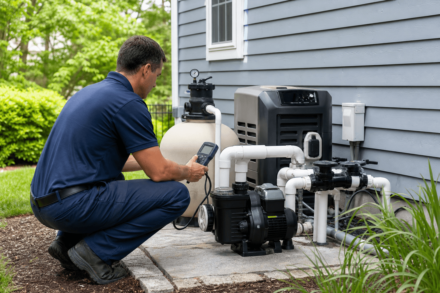 Pool technician diagnosing pumps, filter and heater beside a Northeast home