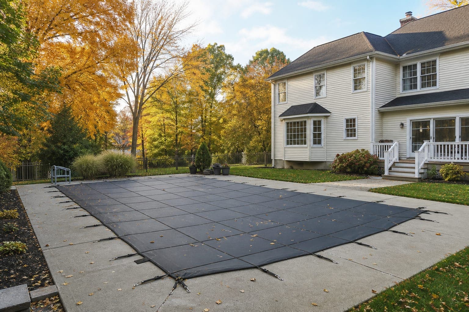 Residential in-ground pool protected by an anchored safety cover in autumn
