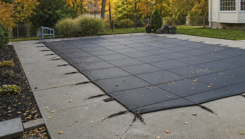 Anchored mesh safety cover installed over a residential pool for winter