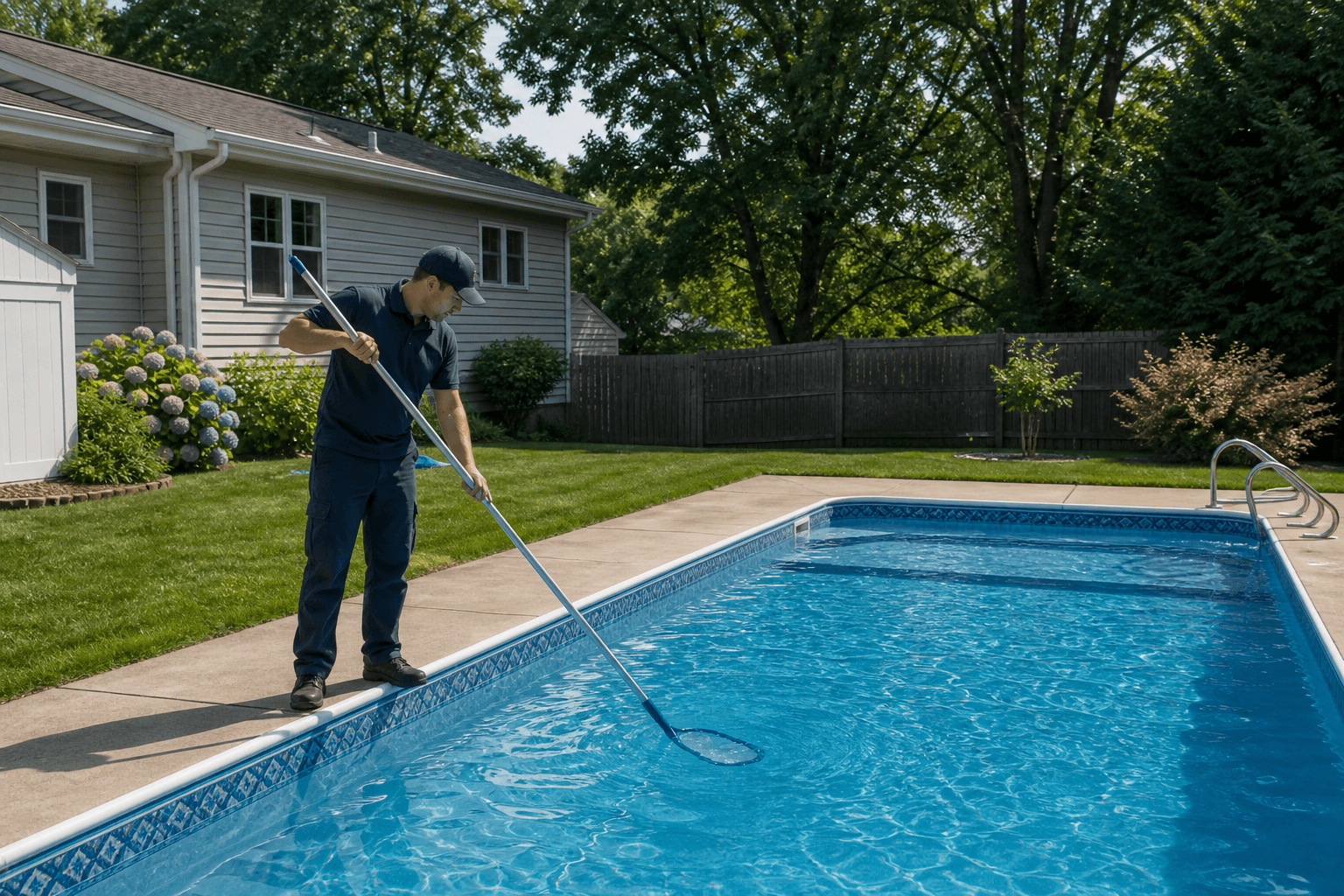 Pool technician performing routine maintenance at a residential Northeast backyard pool