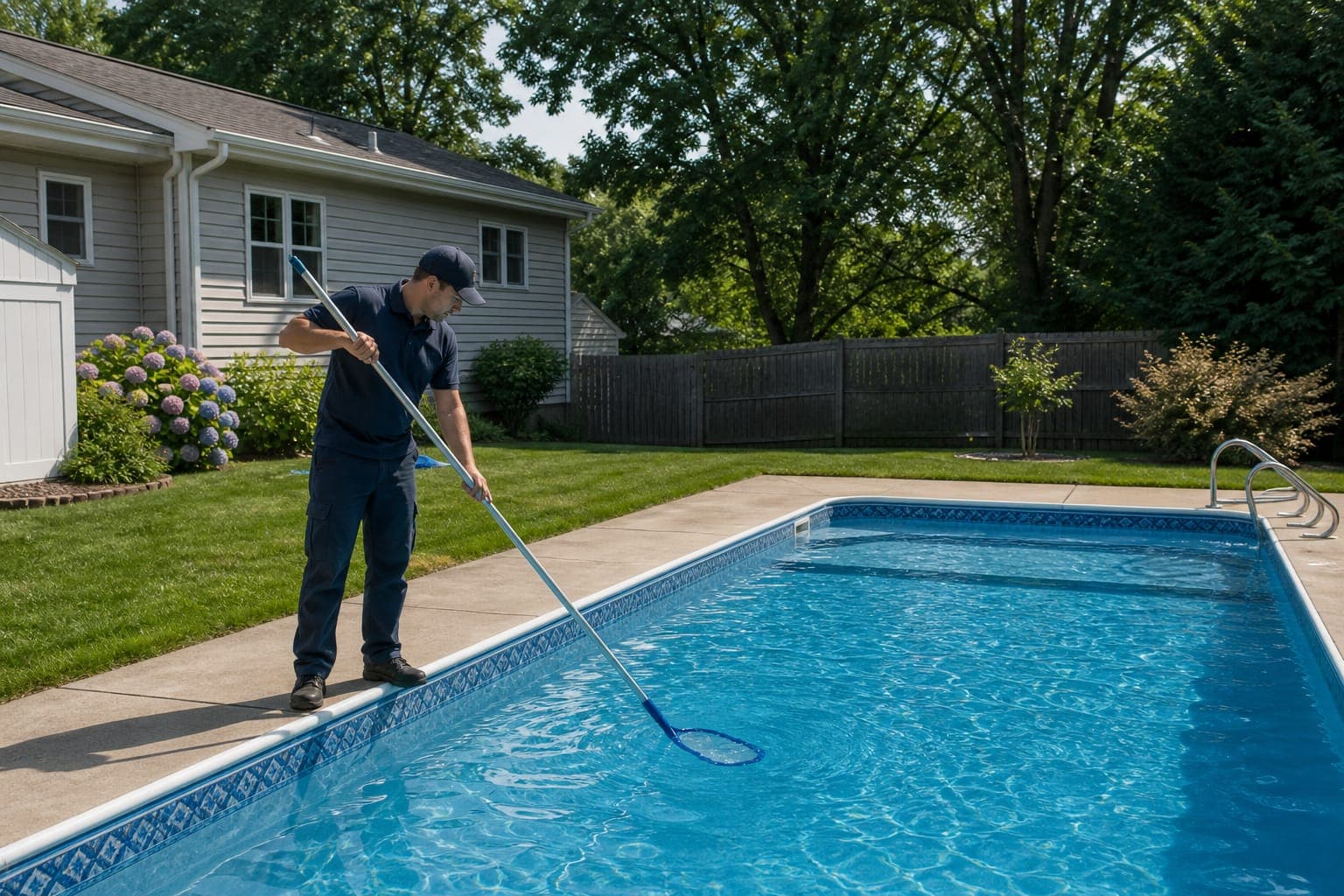 Pool technician performing routine maintenance at a residential New Jersey backyard pool