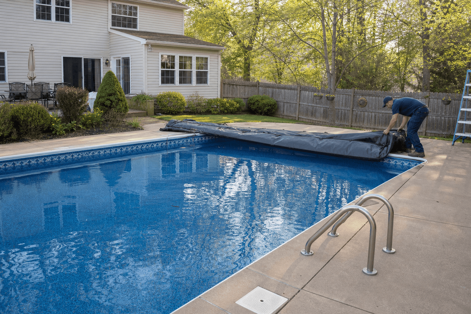 Technician removing a safety cover during a residential spring pool opening