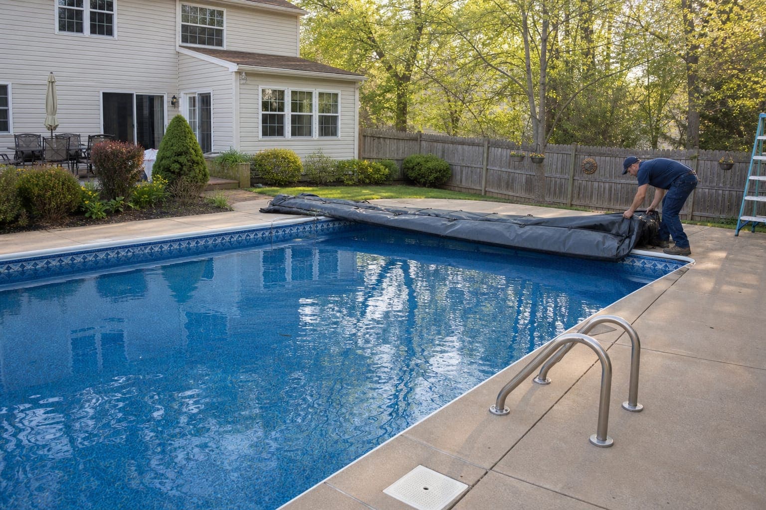 Technician removing a pool cover during a residential spring pool opening