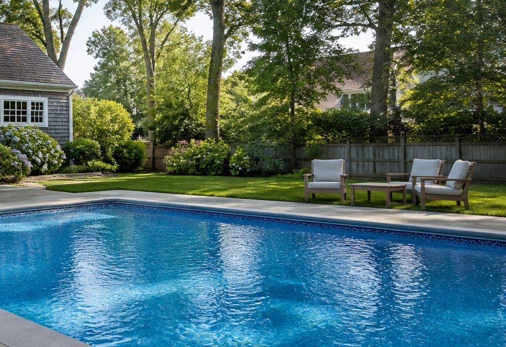 Backyard pool with lounge seating and landscaping at a New Jersey home