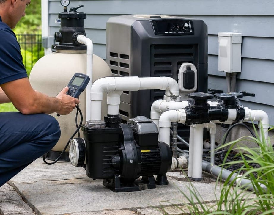 Close view of a residential pool pump and filter system being tested