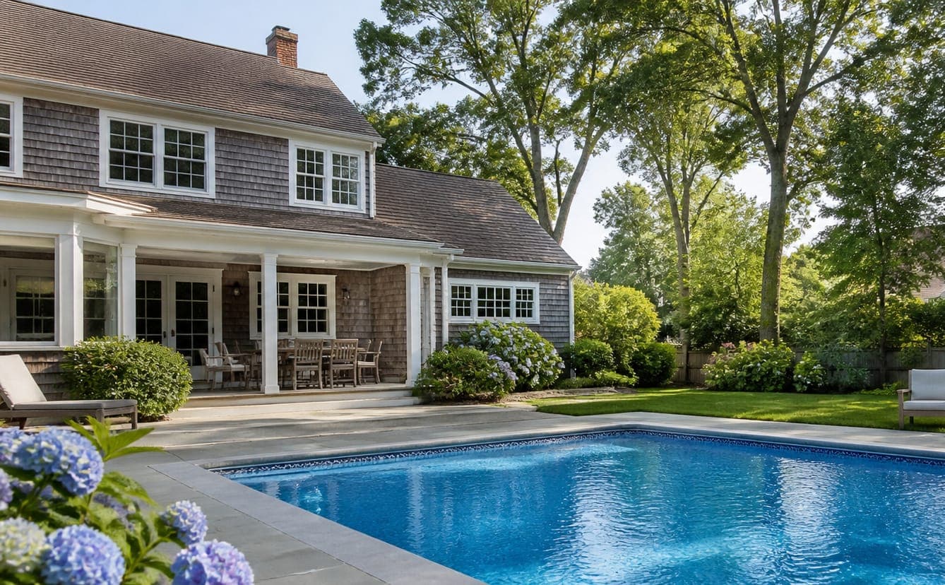 Completed in-ground pool beside a shingle-style New Jersey home
