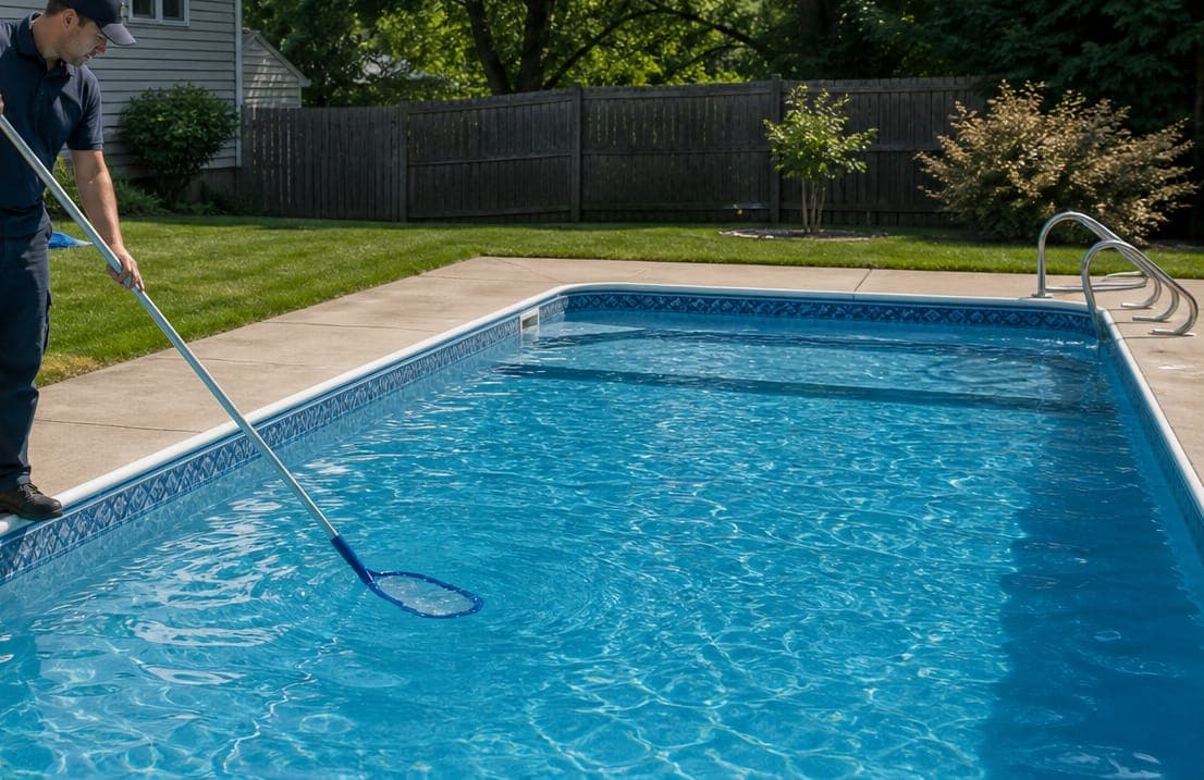 Skimmer net cleaning the water of a residential vinyl-liner pool