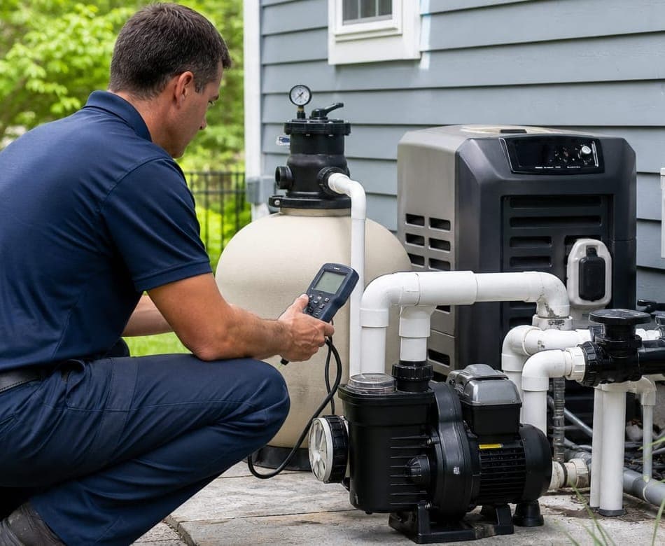 Technician testing pool water chemistry beside residential pool equipment